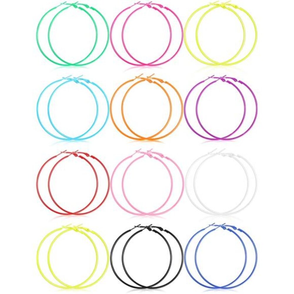 12 Pairs 80s Neon Earrings for Women Retro Colorful Hoop Earrings Pendant